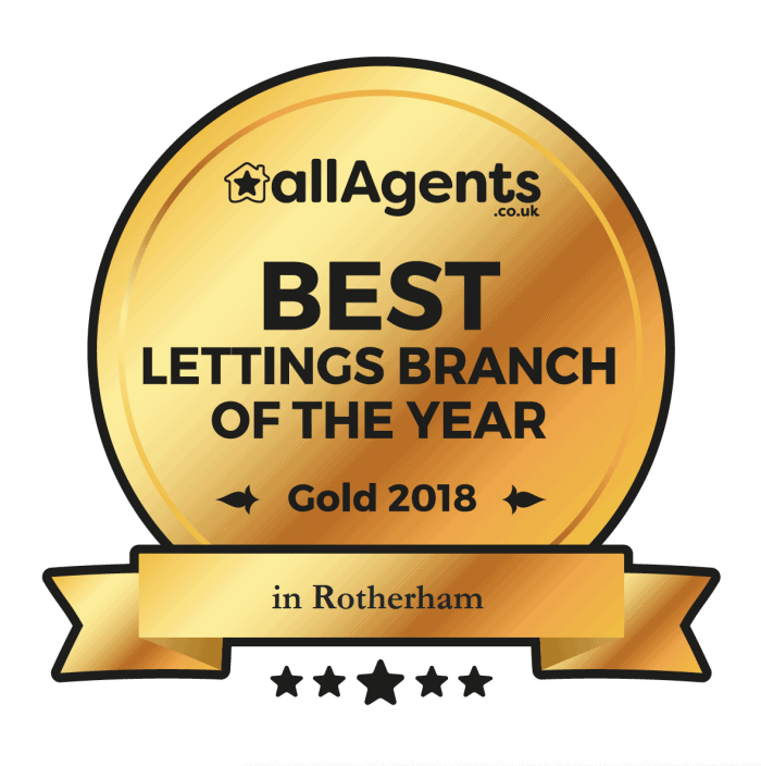 Gold Award for the AllAgents Best Lettings Branch of the Year in Rotherham, 2018