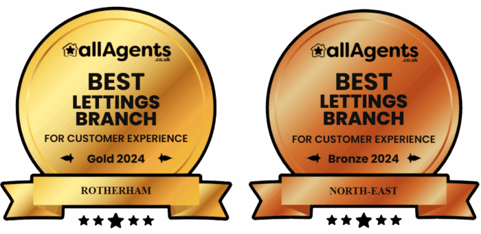 allAgent 2024 award for best lettings branch for customer experience. Gold Rotherham and Bronze North East.