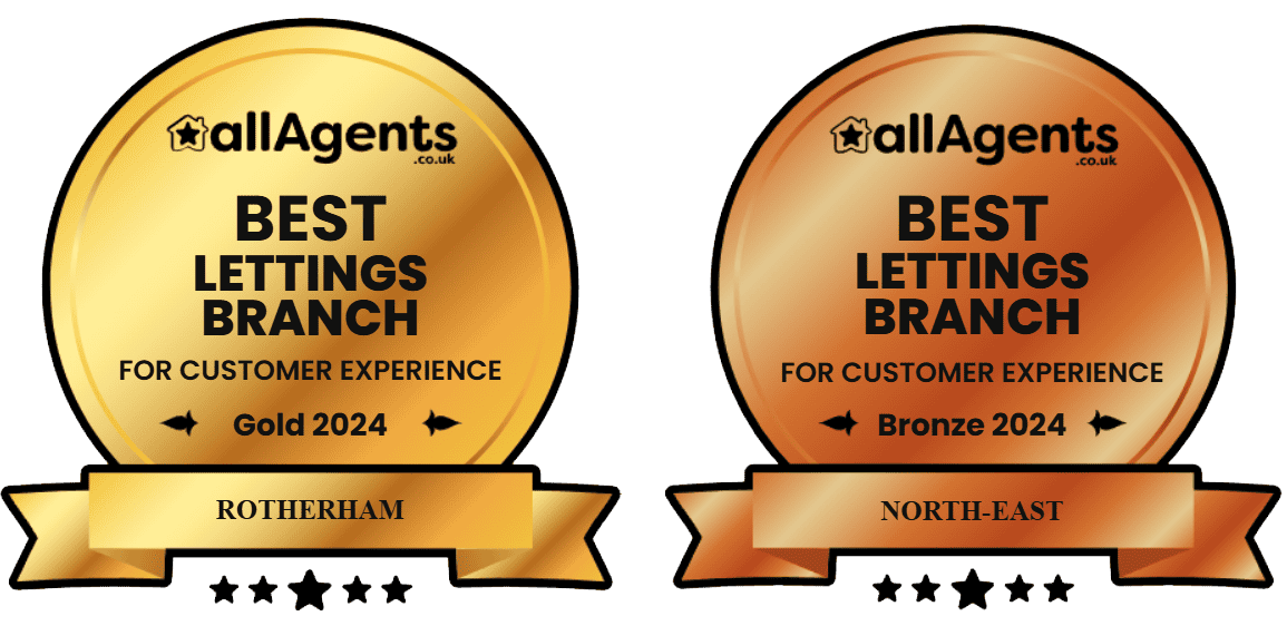 allAgent 2024 award for best lettings branch for customer experience. Gold Rotherham and Bronze North East.
